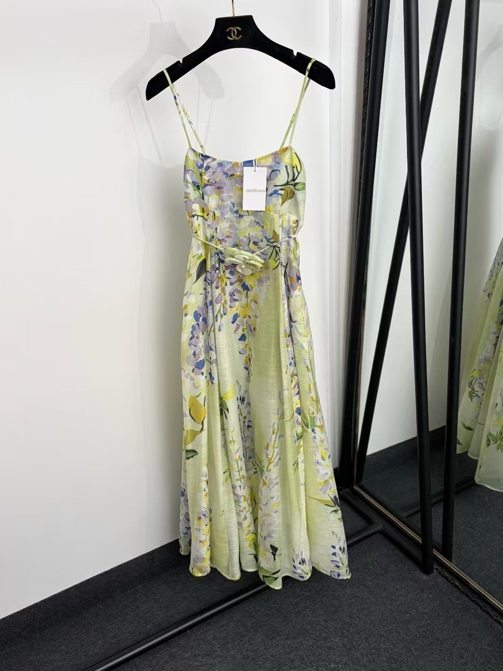 Zimmermann Lemon-Green Floral Midi Dress with Lilac Accents